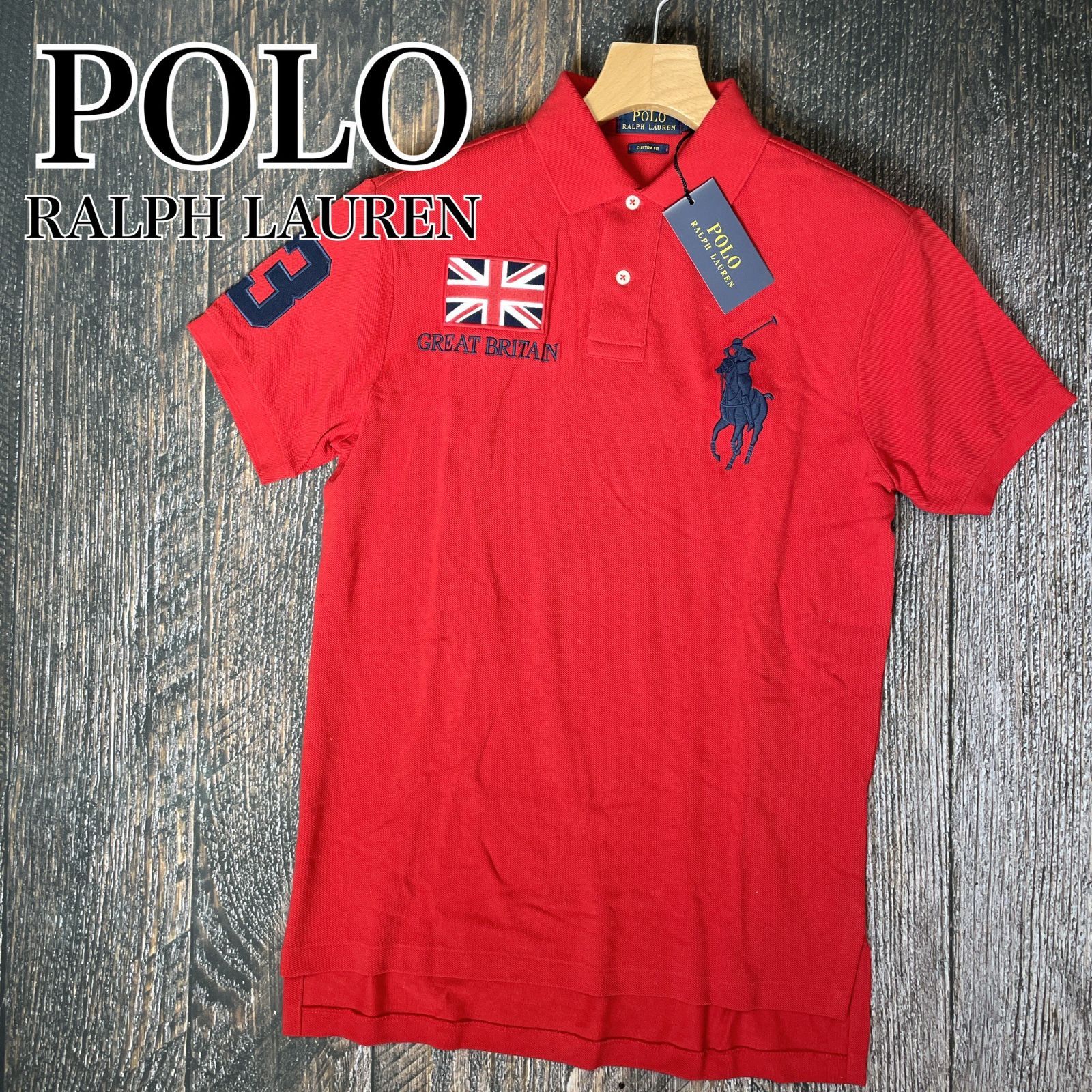 ♥ タグ付き POLO RALPH LAUREN ポロ ラルフローレン メンズ ポロシャツ GREAT BRITAIN 刺繍 ビッグポニー レッド Mサイズ M カスタムフィット 綿 春夏 カジュアル お出かけ ゴルフウェア A-008