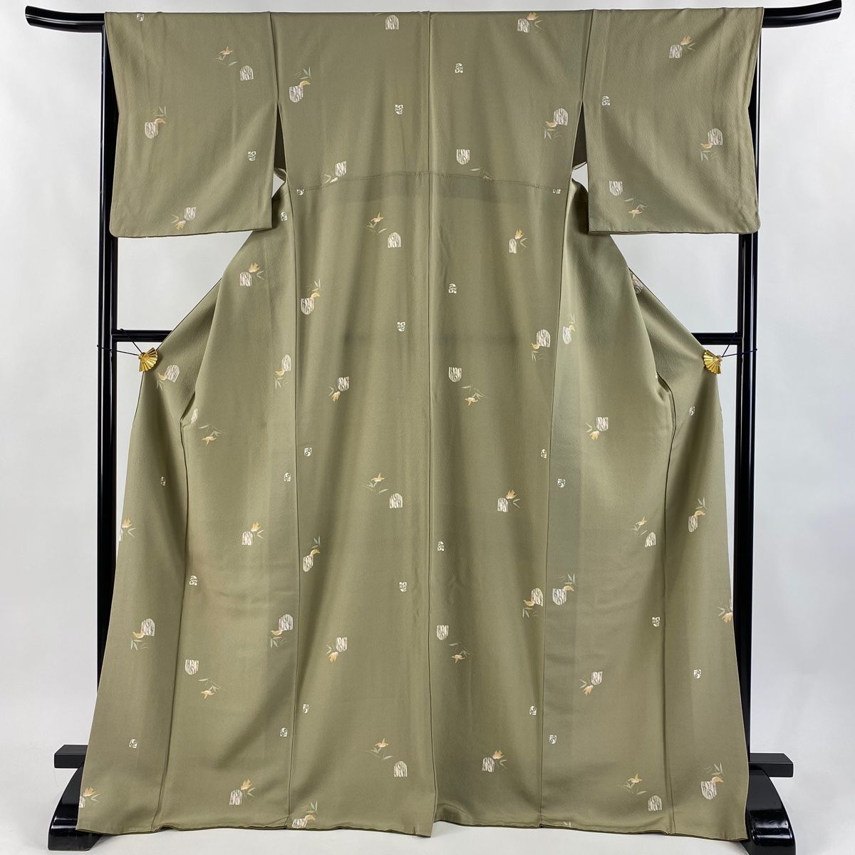 小紋 身丈172cm 裄丈66cm M 袷 葉柄 鳥 灰緑 正絹 秀品