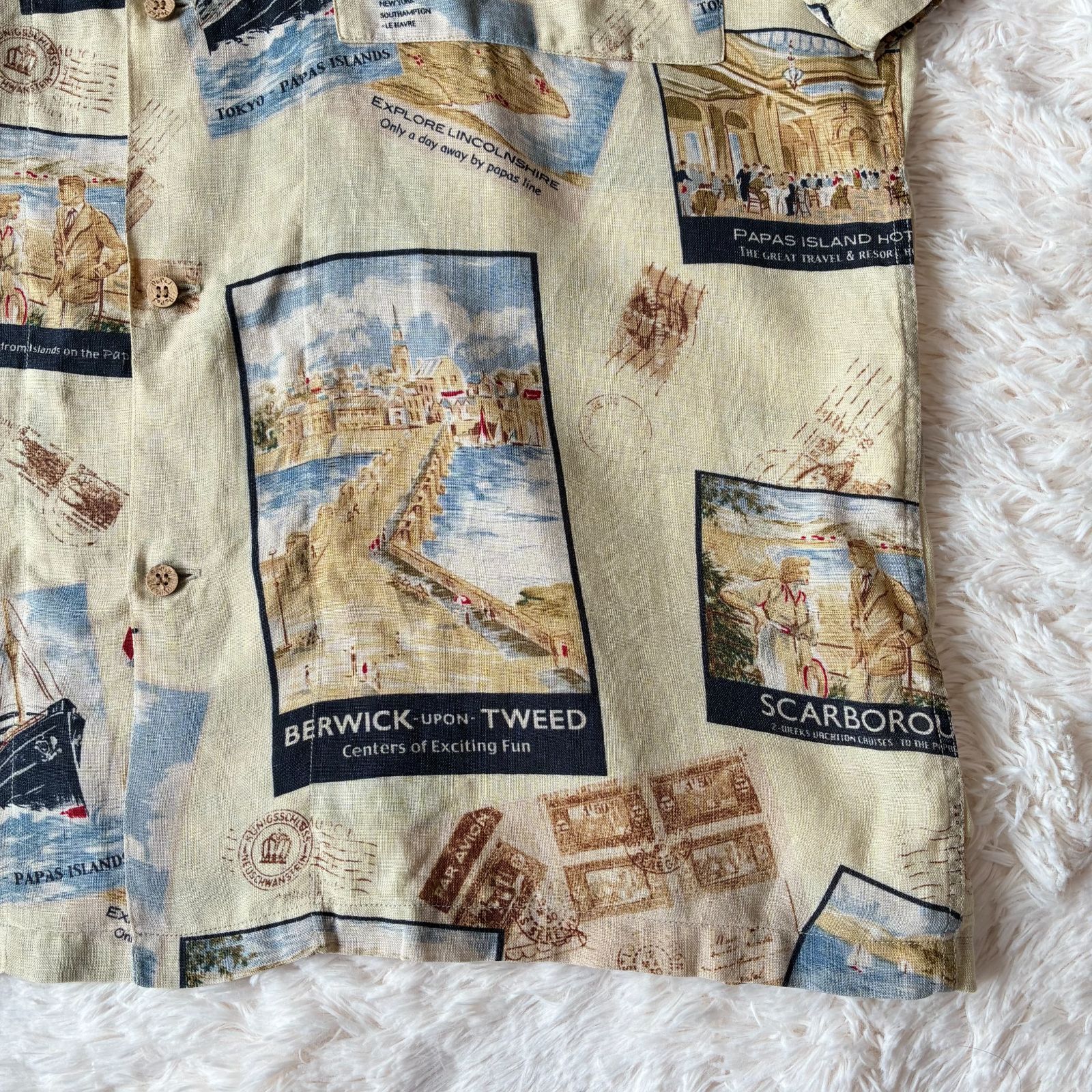 極美品 PAPAS ISLAND パパスアイランド リネン 麻 アロハシャツ