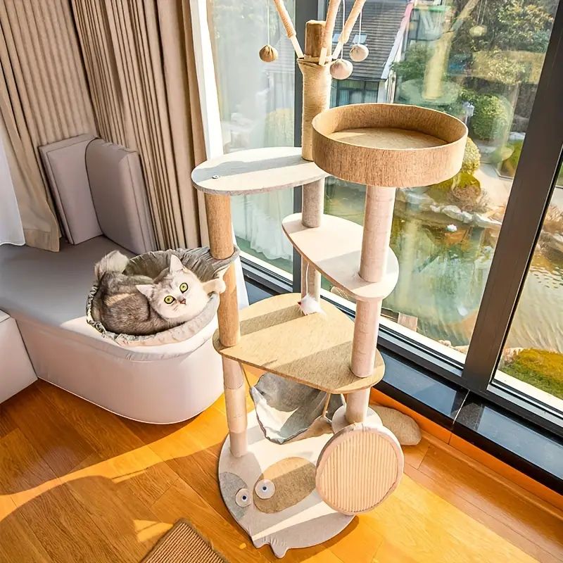 Yoopet-高さ143.87cmの大型猫＆子猫用モダン屋内猫遊びタワー - 快適なコンドミニアム ハンモック 爪とぎポスト＆吊り下げおもちゃ付きマルチレベルアクティビティセンター 耐久性ABS素材 特大猫用タワー