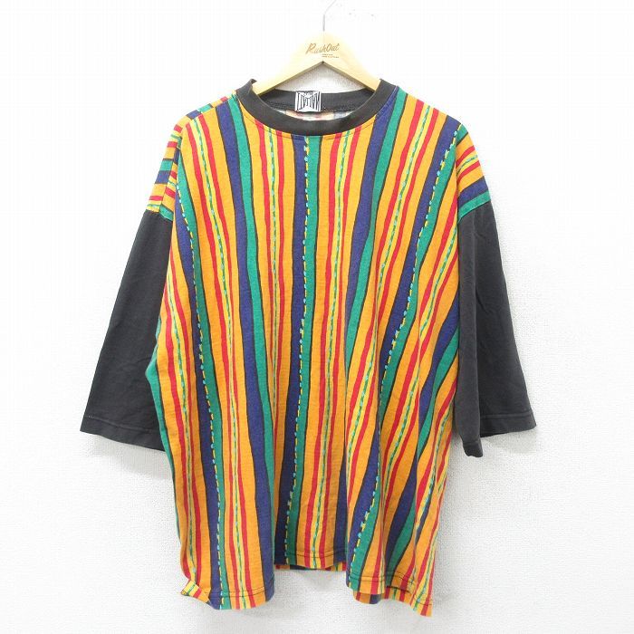 XL/古着 7分袖 ビンテージ Tシャツ メンズ 90s オレンジ他 ストライプ spe 24jun07 中古 7分丈 七分丈 七分袖