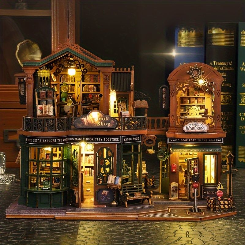 トワイライト書店 3D DIY木製パズルキット - 手作りのミニチュアドールハウスモデル、家具付き、創造的な思考教育ツール、10代と大人のための、絶妙なデスク装飾、組み立てマニュアル付き 