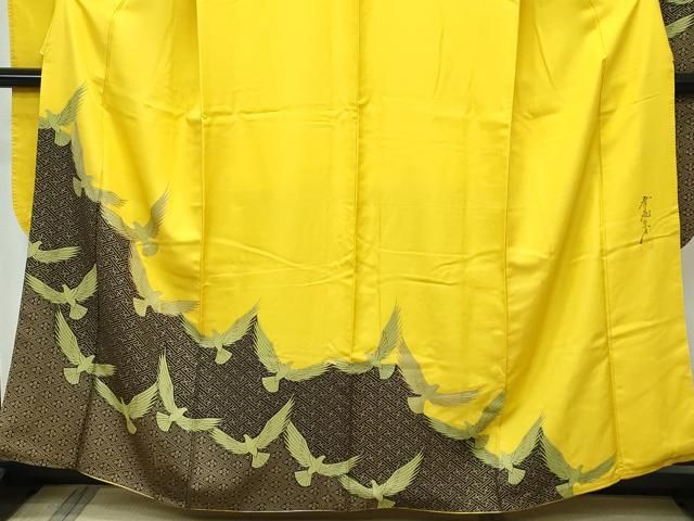 平和屋着物■極上　染色作家　斉藤三才　振袖　三才鳥　金彩　支子色地　逸品　CZAA2953s5 平和屋着物□極上 染色作家 斉藤三才 振袖 三才鳥 金彩 支子色地 逸品