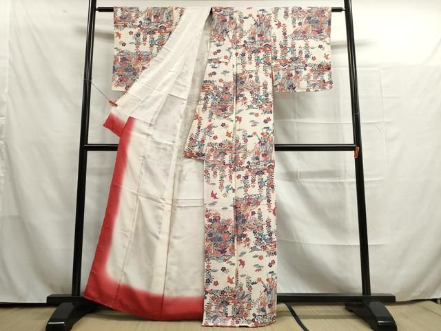 平和屋着物●上質な小紋　流水文　鬼しぼ縮緬　正絹　逸品　CAAU1653yc 平和屋着物□上質な小紋 型染め 流水花鳥文 鬼しぼ縮緬 正絹