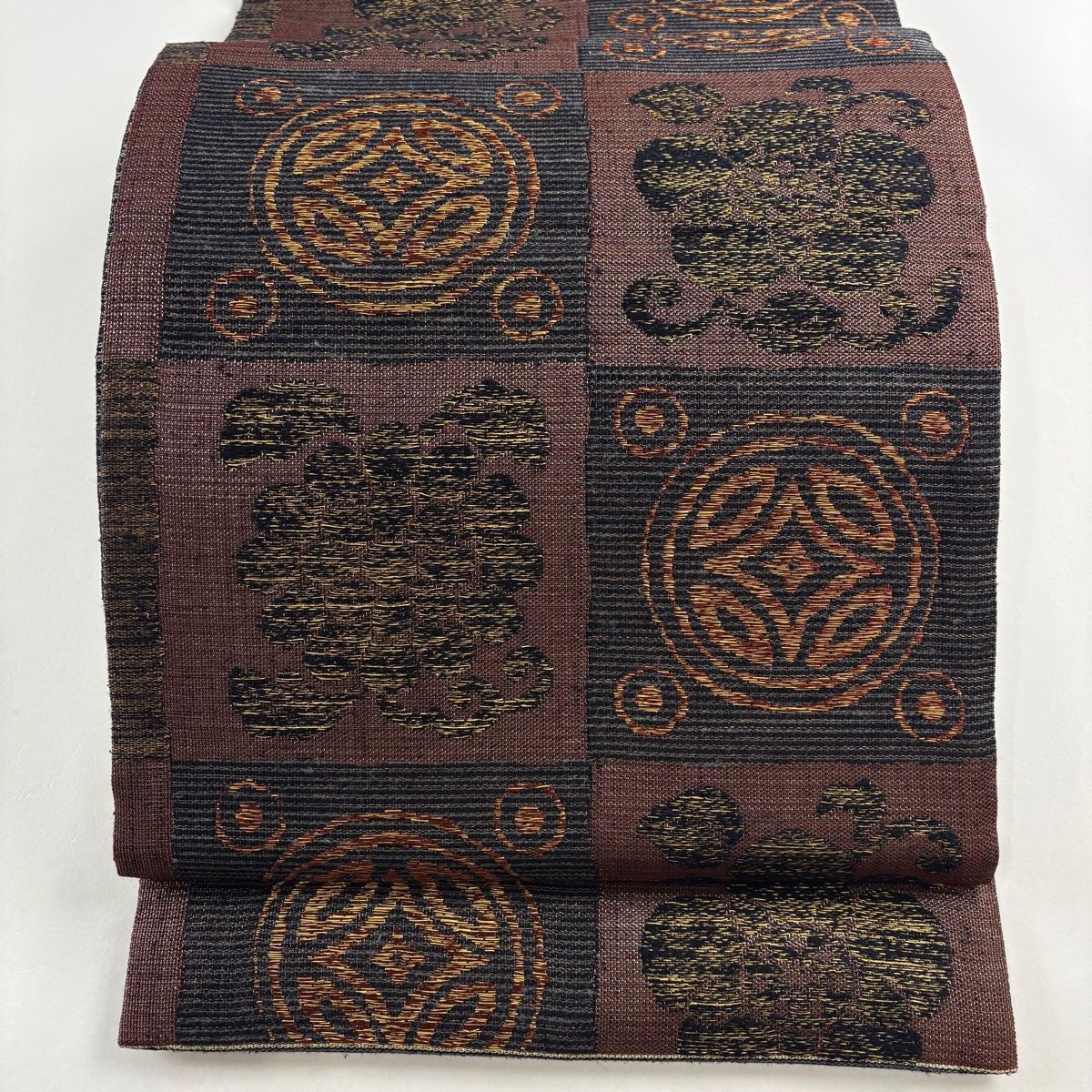 袋帯 名品 市松 七宝 金糸 茶紫 六通 正絹