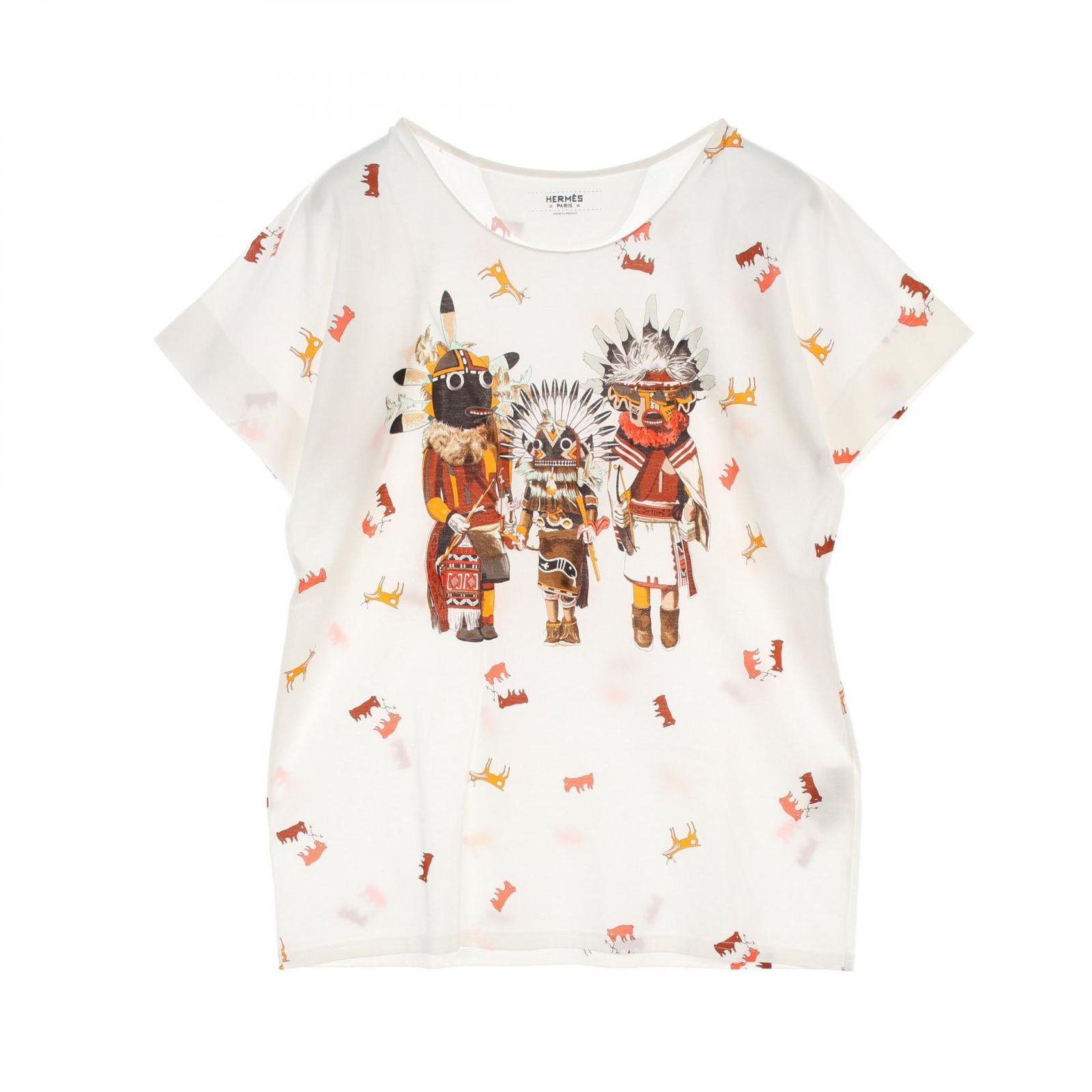 エルメス HERMES カットソー Kachinas カチナ ホワイト|マルチ コットン Tシャツ カチナ KACHINAS レディース Used A