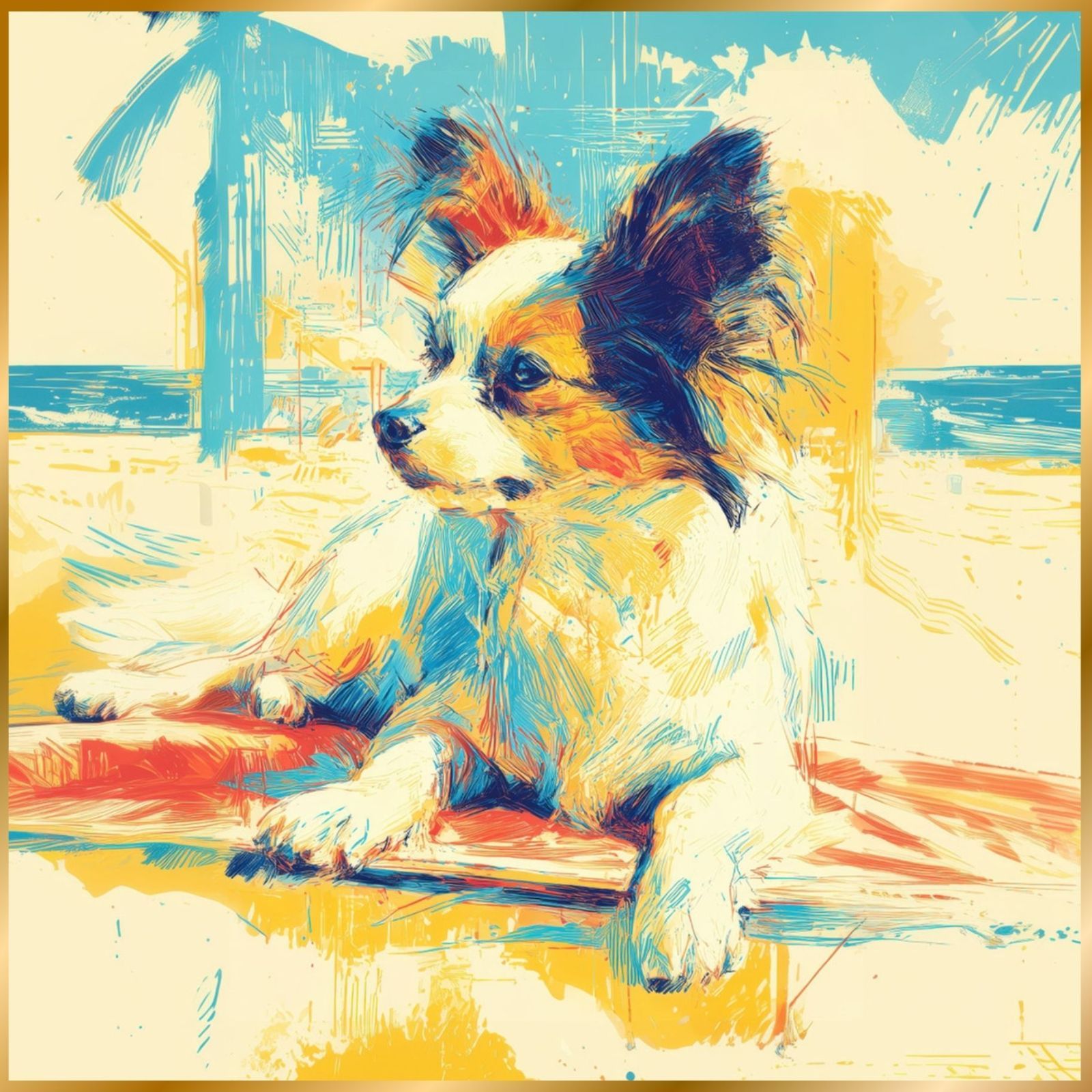 パピヨン犬とビーチのスケッチ No.2 海 犬の絵 犬のイラスト おしゃれ ミニマリスト ミニマリズム シンプル インテリアアート ペットロス うちの子 記念日 アートポスター ギフト プレゼント