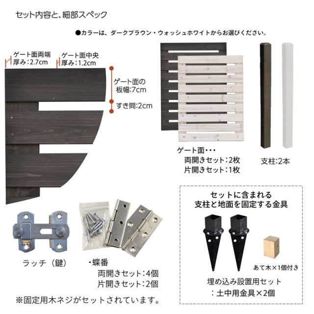 ゲートパネル1枚＋閂錠＋蝶番＋溝なしポール2本＋埋め込み金具2個