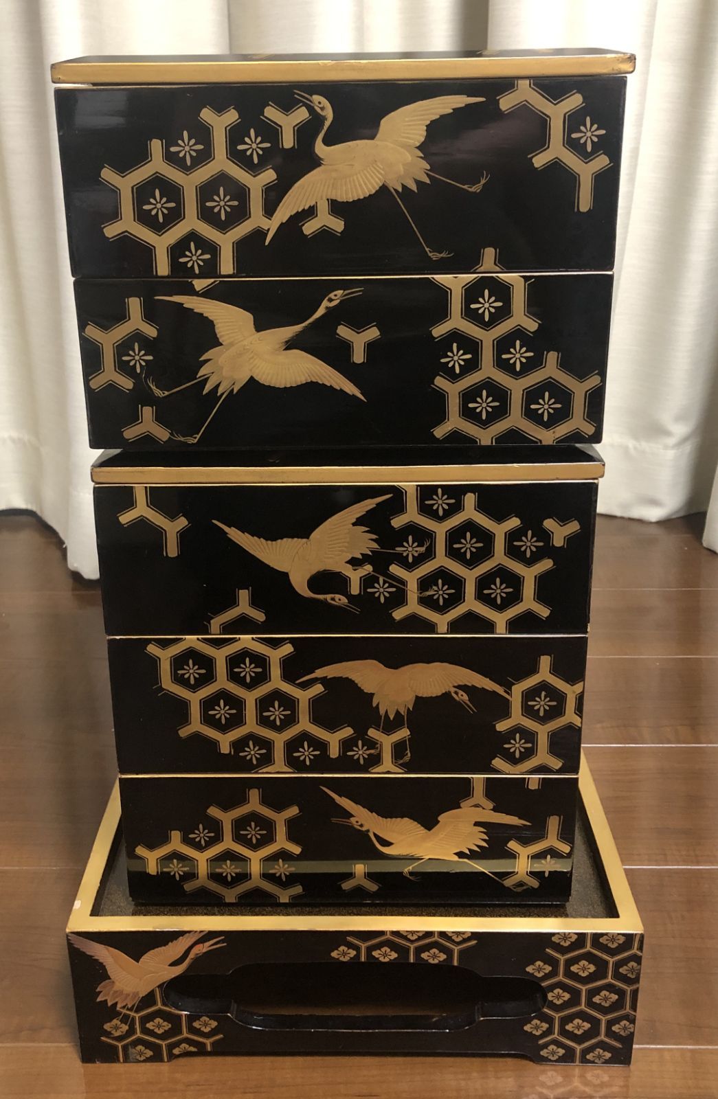 黒漆 輪島塗 金蒔絵 鶴文様 重箱 五段重 お重 お節 祝い膳 漆器