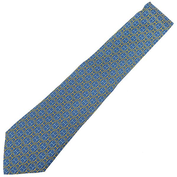 エルメス HERMES ネクタイ H柄 9cm シルク ブルー×イエロー 青 黄色 総柄