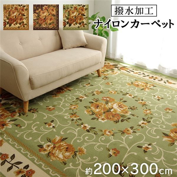 花柄 ラグマット/絨毯 【グリーン 約200×300cm】 洗える 撥水 速乾 ナイロン オールシーズン 〔リビング〕