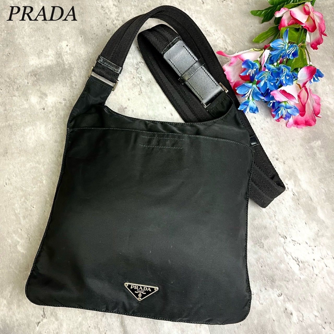 ✨良品✨ PRADA プラダ ショルダーバッグ トートバッグ 三角ロゴプレート シルバー金具 ロゴ型押し 肩掛け 斜め掛け ブラック 黒色 テスートナイロン  レザー ユニセックス レディース メンズ - メルカリ