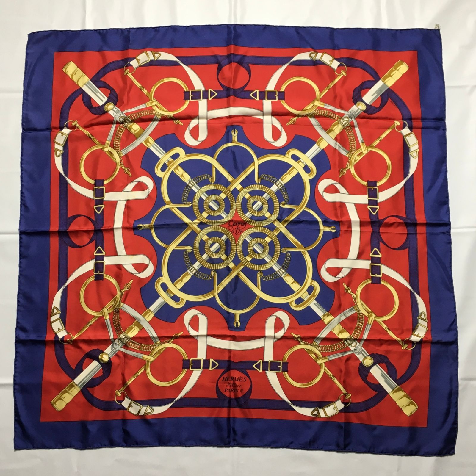 2508-71｜美品｜エルメス カレ 90 スカーフ シルク ネイビー タグあり  