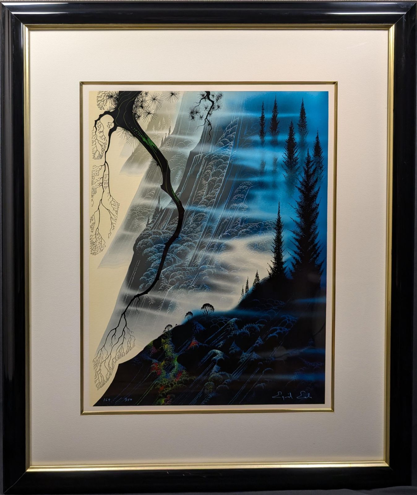 真作保証 アイベン アール作シルクスクリーン版画 直筆サイン な中版ブルー作品 赤い森 額付 アイベン ロール エディション