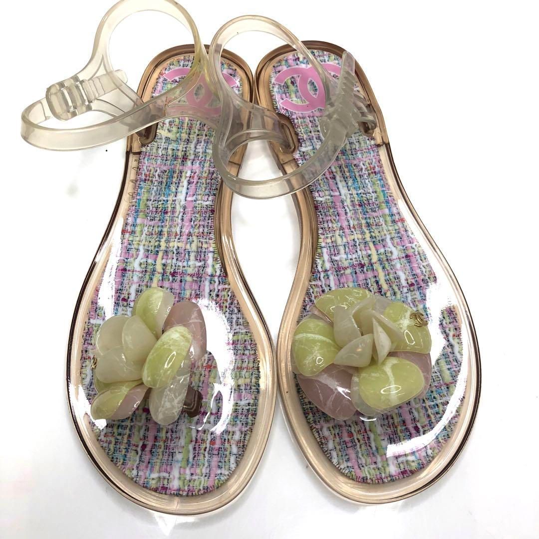 シャネル　CHANEL カメリア　ツイード　ビーチサンダル CHANEL シャネル ビーチサンダル カメリア ツイードプリント クリア