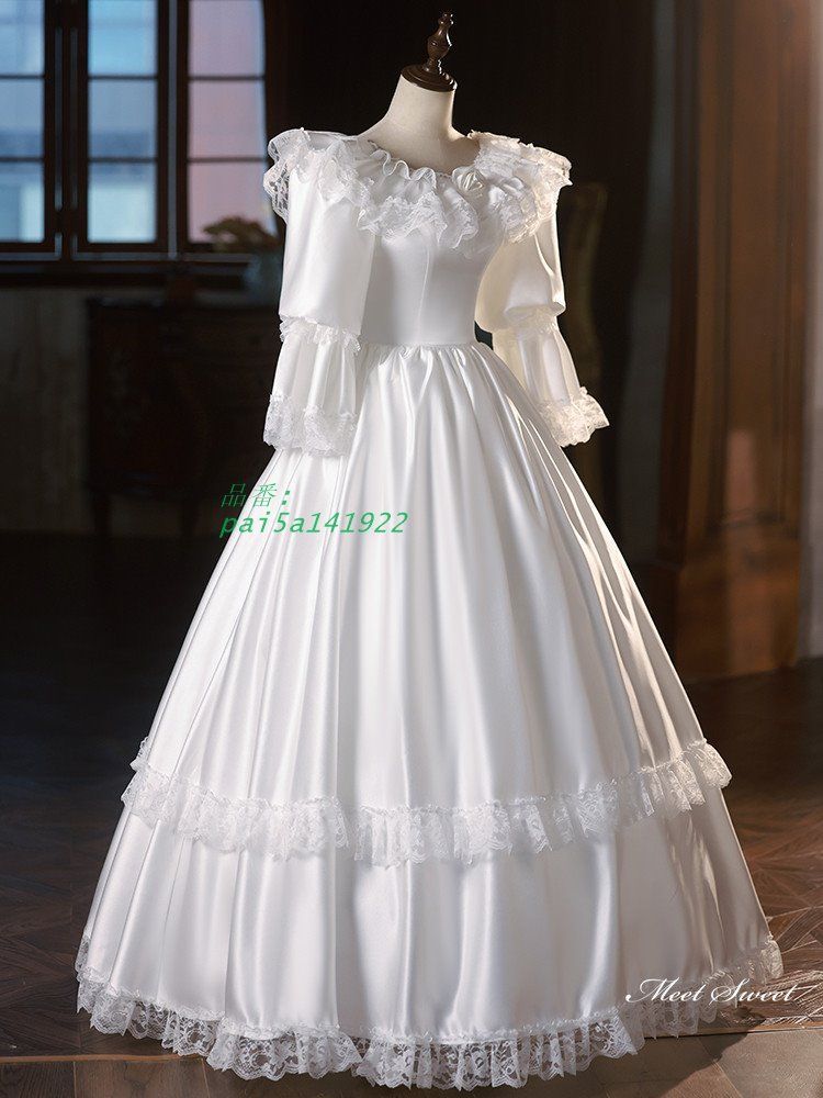 ウェディングドレス ロングドレス プリンセスドレス フリル レトロ Aラインドレス 花嫁 長袖 ウエディングドレス 結婚式 サテン ブライダル 二次会 前撮り pai5a141922