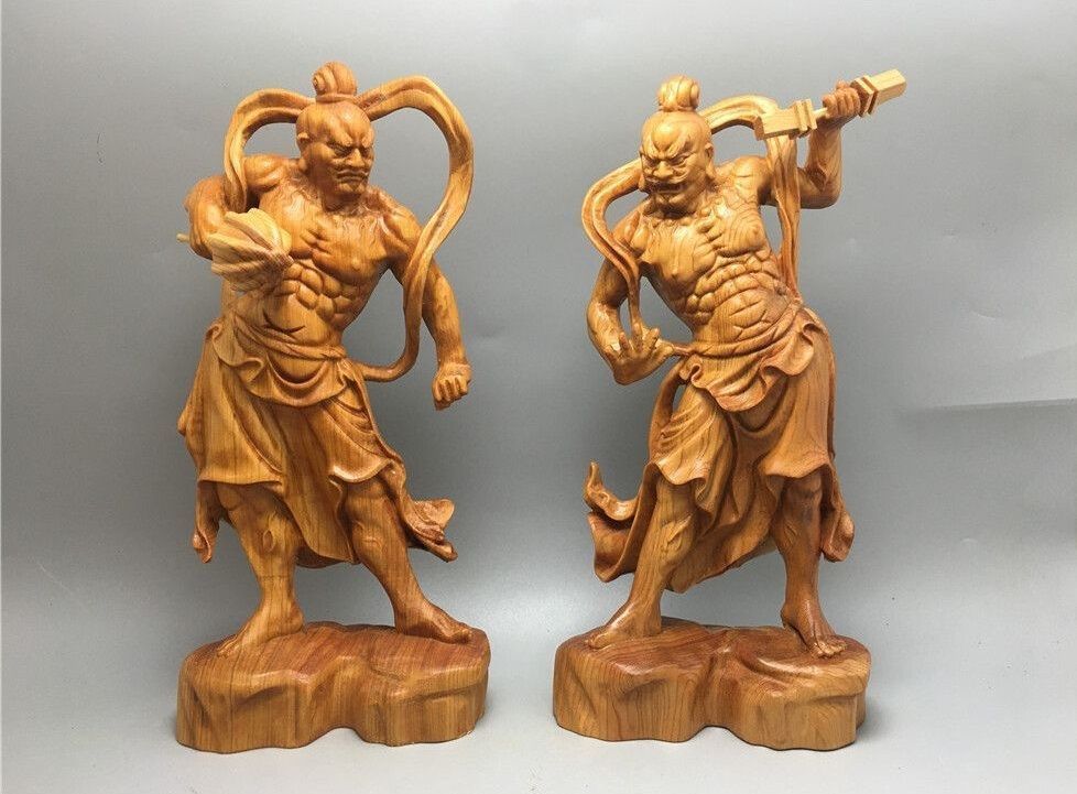 人気品木彫り仏像 金剛力士像 立像 二体一対 天然 崖柏木 仁王像 護法善神 置物|仏壇|風水開運|厄除け 高さ20cm 2個セット