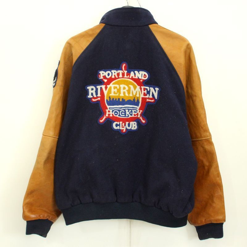   / 90s/アームレザー/H/88//スタジャン/XL/ウール/NVY// 90s USA製 vintage アームレザー ウール スタジャン メンズ 表記XL