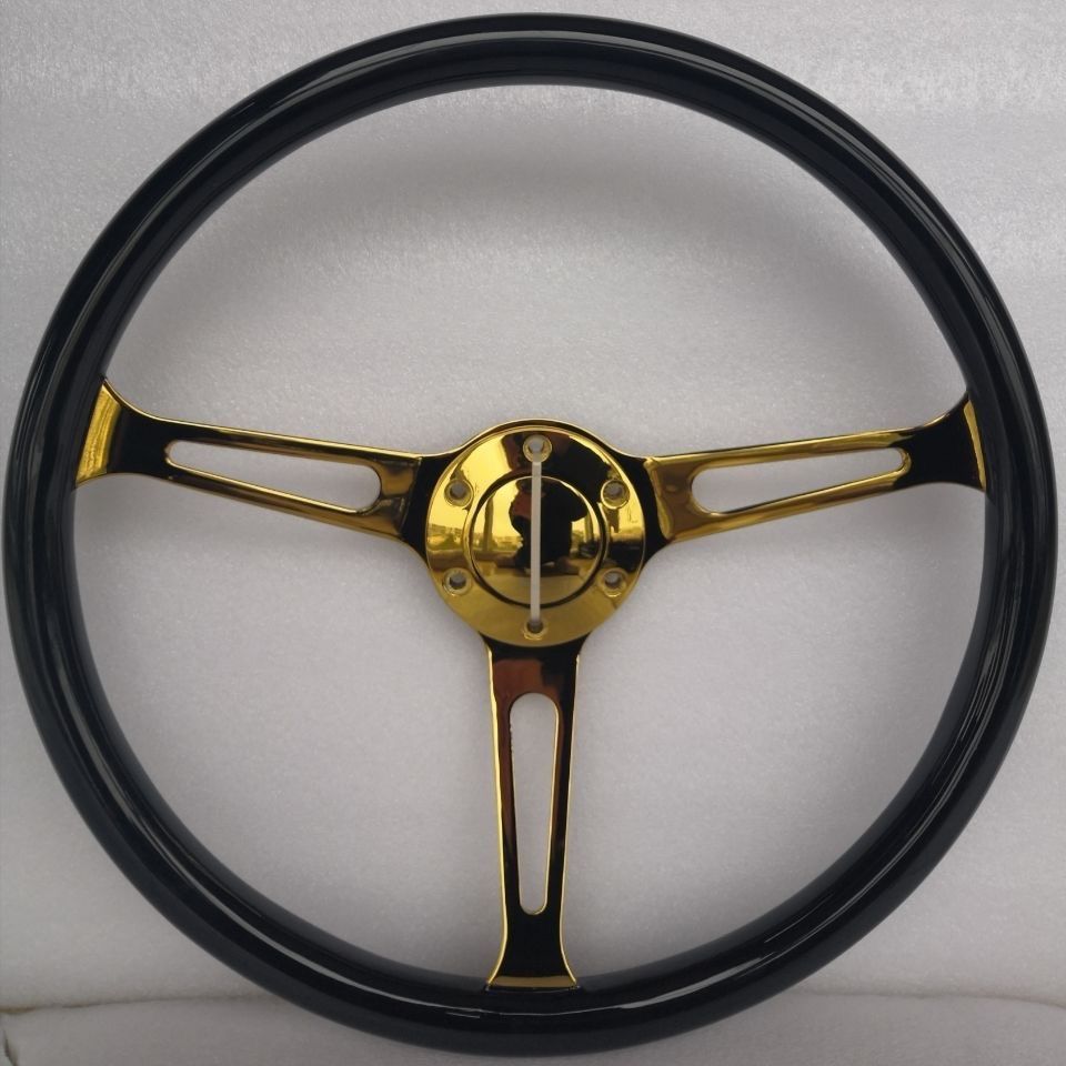 ソリッドウッドレトロビートルステアリングホイール15インチ黒金3本