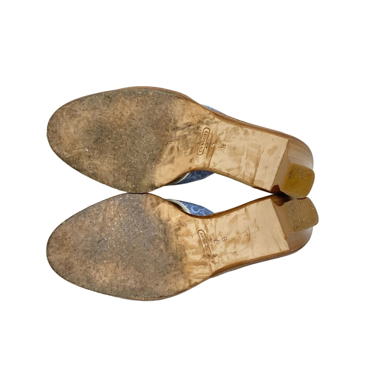  COACH コーチ ミュール 7 B レディース - ライトブルー×白 ミニシグネチャー柄 レザー ミュール サンダル ミュール