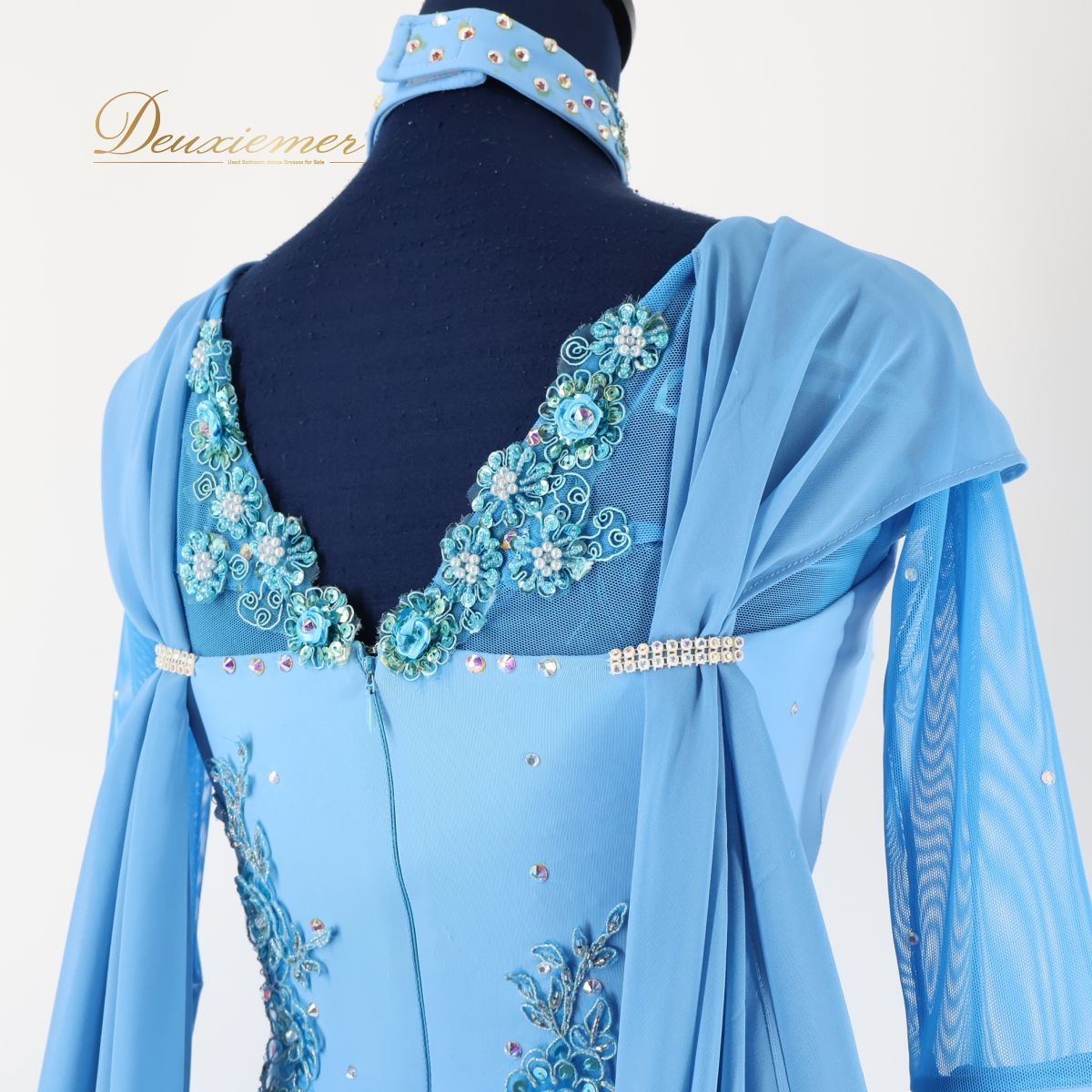 【社交ダンス衣装】ブルー leirena レイリーナ ワンピース ドレス フリル 水色 フロート 花柄 上品 綺麗 かわいい 青 長袖 社交ダンス衣装】ブルー leirena レイリーナ ワンピース ドレス
