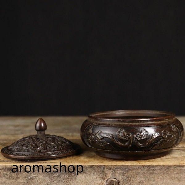 沈香檀香炉 銅製 机頭炉 沈香檀香炉 彫花如意平底炉 香