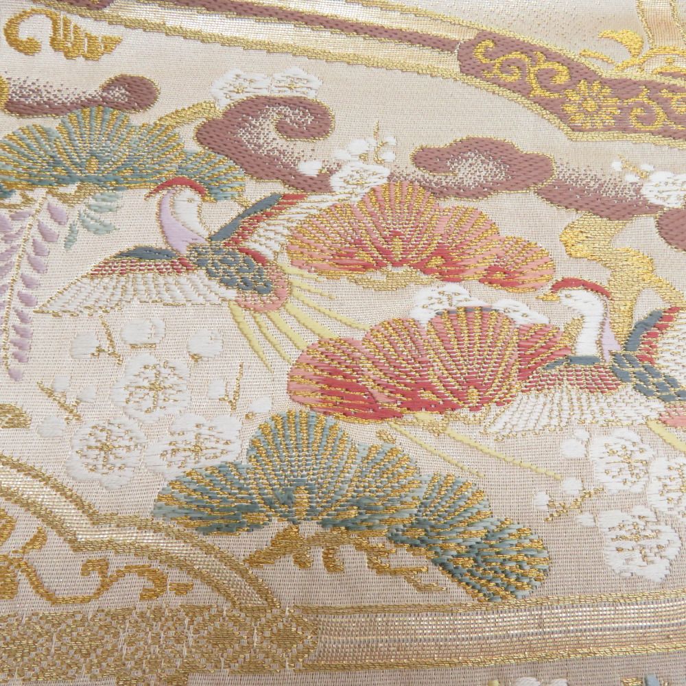 と*ん様 袋帯 花柄 鳥模様 袋帯 花鳥にうさぎ文様 金糸 ゴールドxパステル色 六通柄 正絹