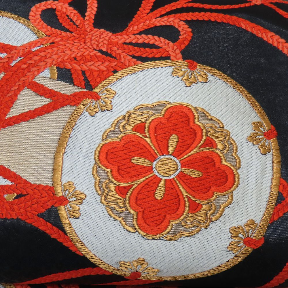 中古】 袋帯 光沢あり 正絹(金銀糸除く) ブラック 朱色 白 金 六