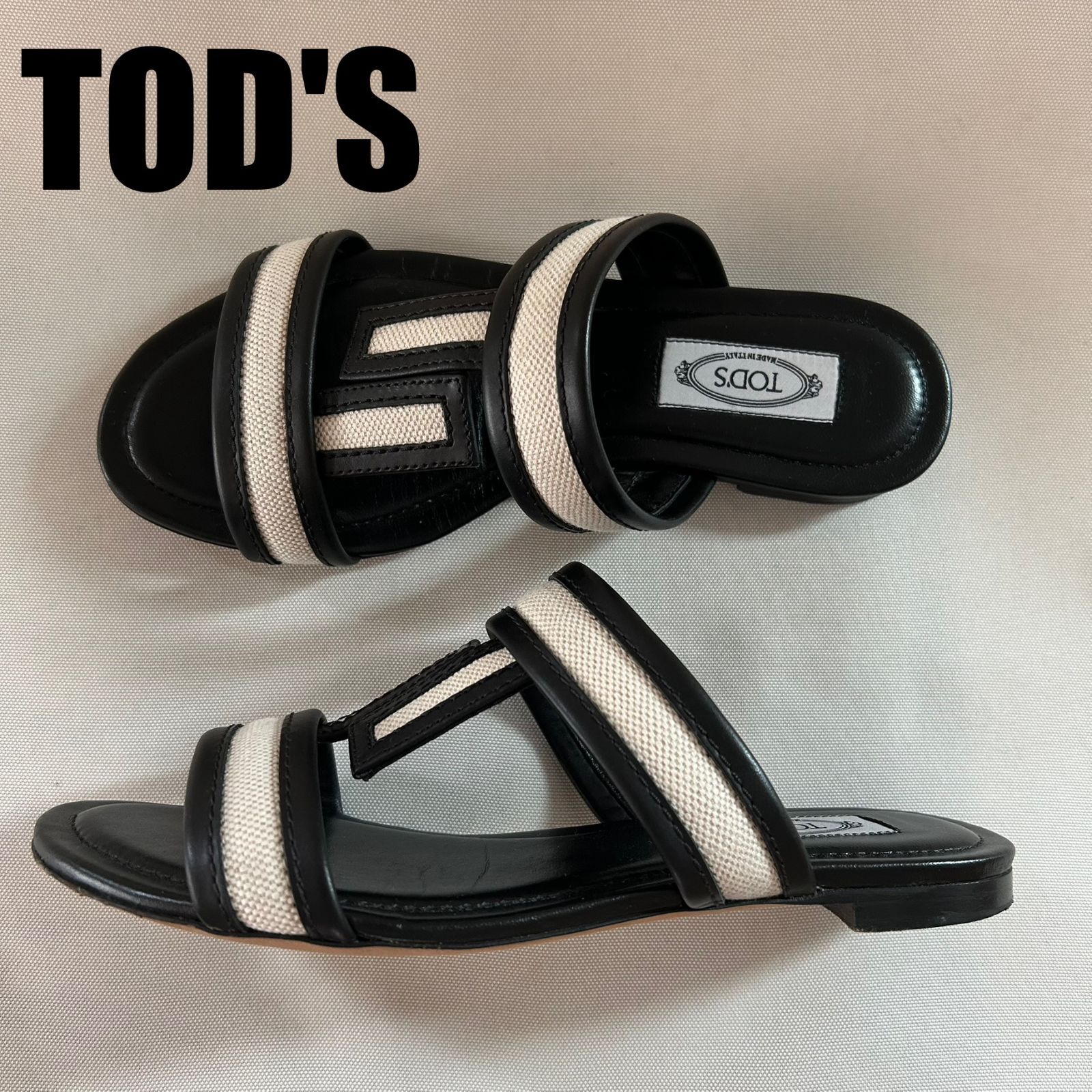 TOD S トッズ ダブルT バー レザー サンダル フラット ブラック