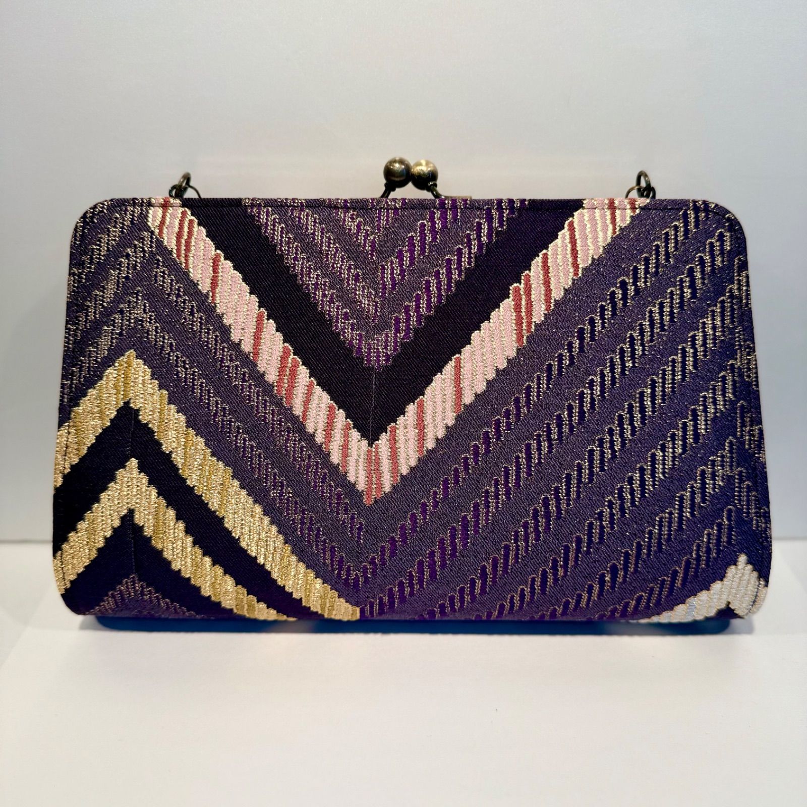 京都帯屋さん 正絹 皮 2way がま口フォーマルバック大 ヘリンボーン柄紫 DECORATOM_COM_BR