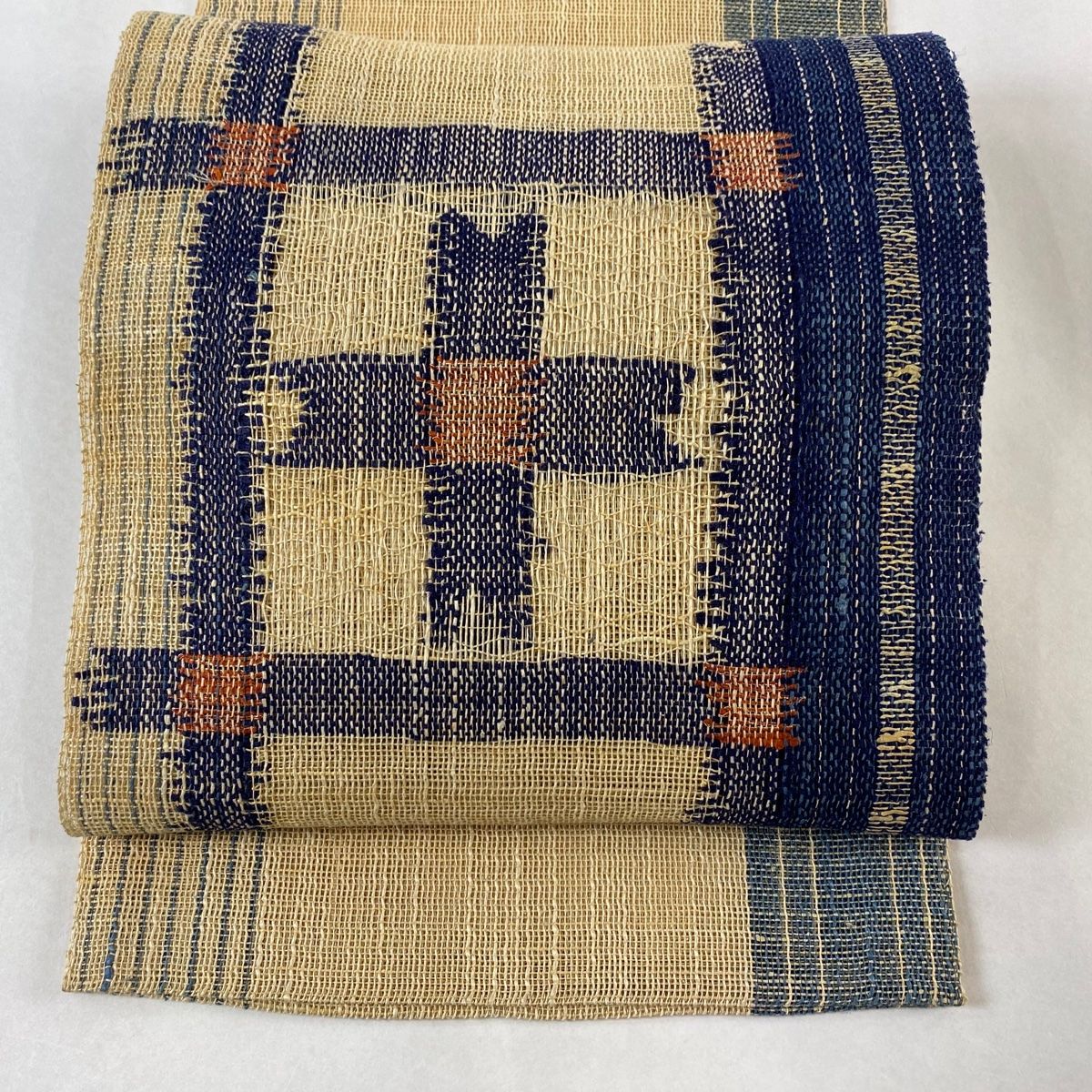 名古屋帯 秀品 夏帯 八寸名古屋帯 縞 幾何学 金糸 ベージュ 麻