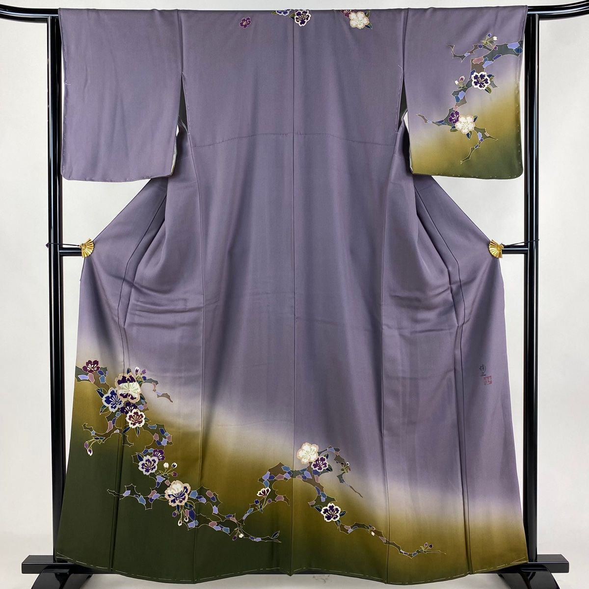 訪問着 身丈159cm 裄丈63.5cm S 袷 落款 桜 逆さ雲取り 金彩 染め分け 灰紫 正絹 秀品