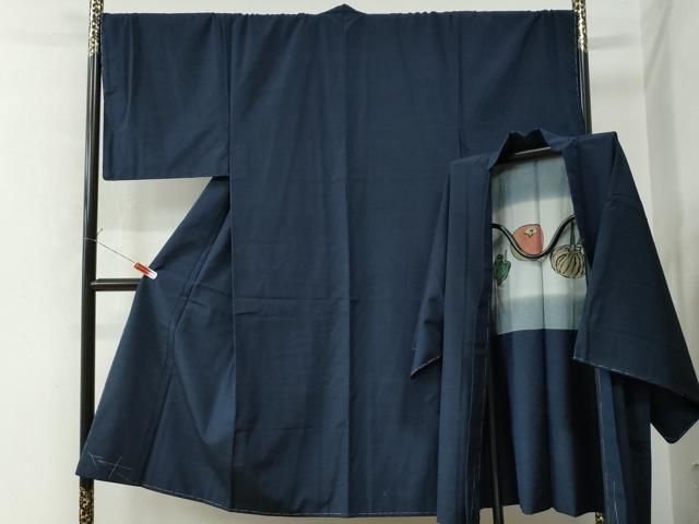 平和屋着物○男性 紬 アンサンブル 色無地 留紺色 キングサイズ 正絹