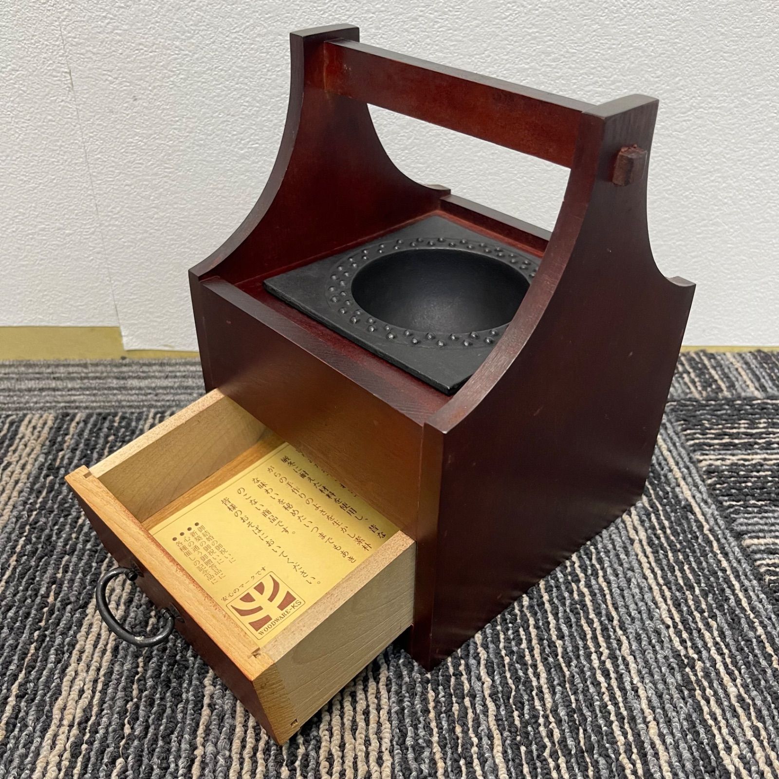 昔のタバコ盆 木製 煙草盆 持ち手付灰皿 キセル置付 喫煙具