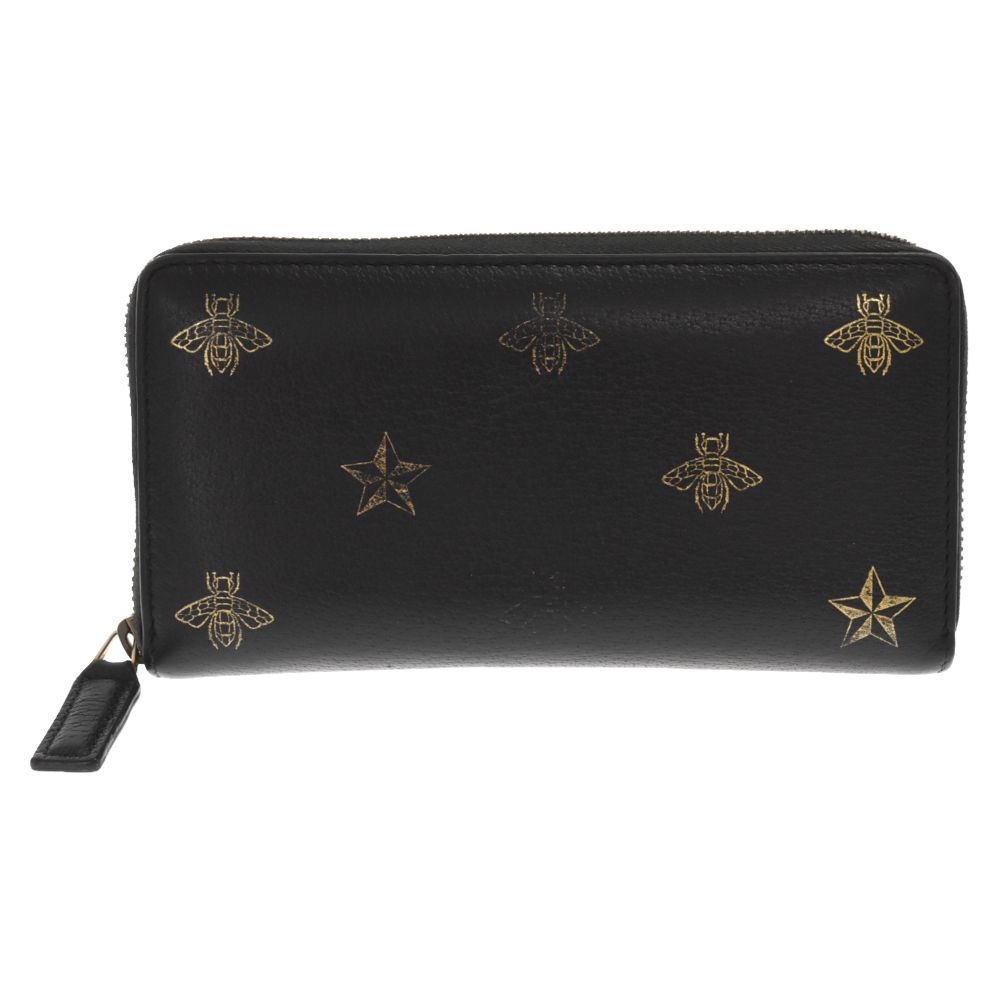 GUCCI◇495062 長サイフ・プリントレザー/BLK/ビースター/ラウンド 