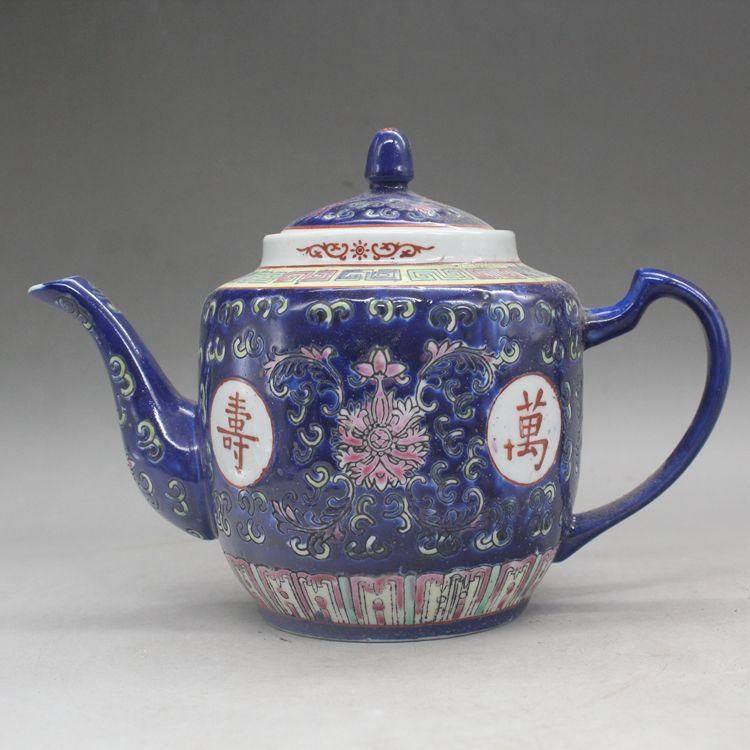 中国美術 藍釉万寿の壷 茶杯 景徳鎮 陶磁器 現代工芸品 美術品