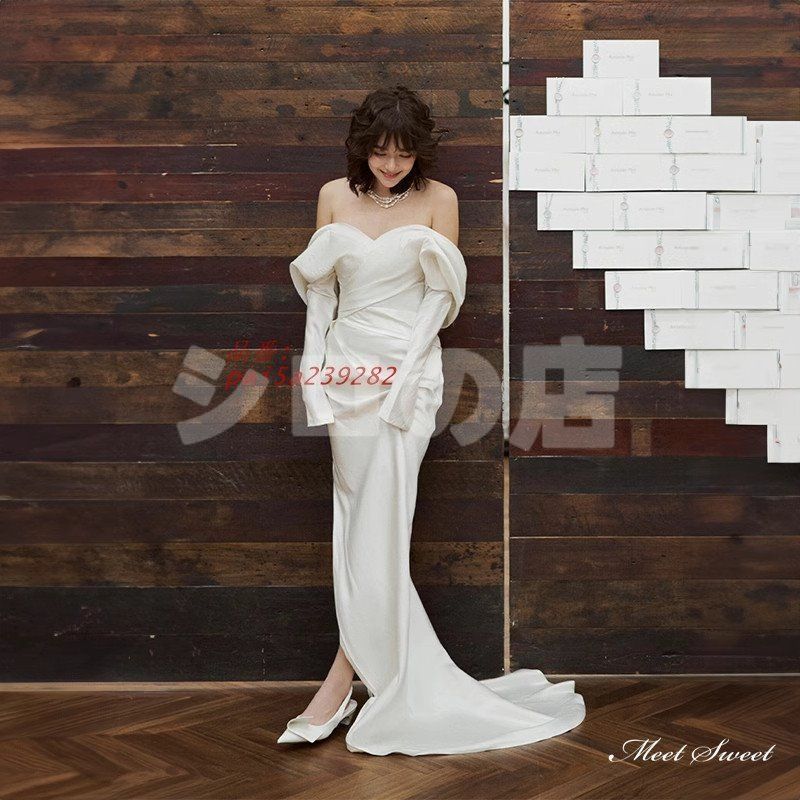 ウェディングドレス ロングドレス スレンダーライン スリット オフショルダー 長袖 前撮り ブライダル 結婚式 サテン ウエディングドレス 花嫁 二次会 pai5a239282