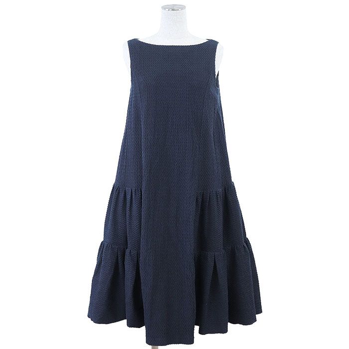 FOXEY フォクシー ワンピース ティアード Dress Lyon ドレス リヨン 2025SS 44345 ジャガード ノースリーブ 切り替え ギャザー ラウンドネック レース コットン | ポリ レディース サイズ 38 ネイビー 紺