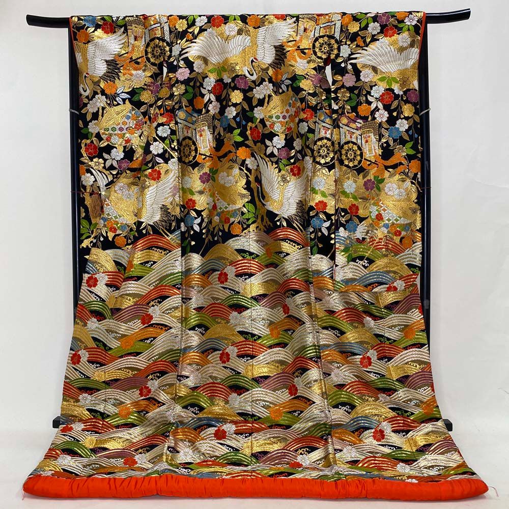 色打掛 正絹 鶴 刺繍 金 黒 打掛 Lサイズ 裄67 花嫁衣裳 婚礼  