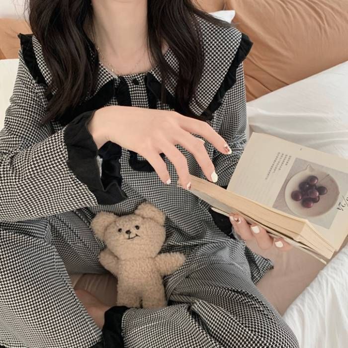 ルームウェア レディース 春 秋 おしゃれ かわいい 黒 長袖 トップス ルームパンツ 上下セット セットアップ 2点セット ゆったり 部屋着 パジャマ プルオーバー リラックスウェア 薄手 千鳥