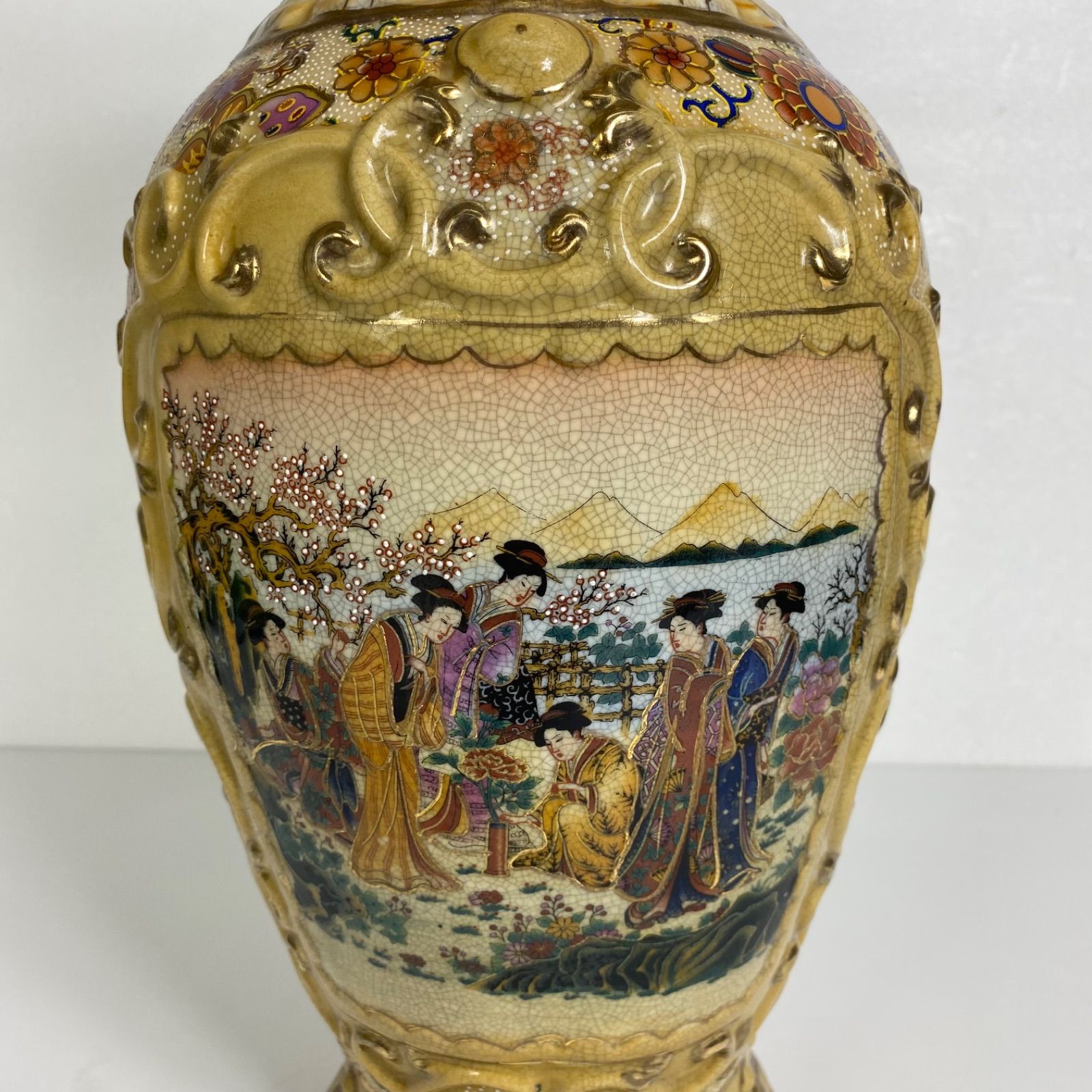 薩摩焼 花鳥風月図 金彩絵付 壺 花瓶 高さ約45cm 飾壺 骨董 和風