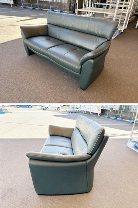 カリモク 本革ダークグリーンソファ①