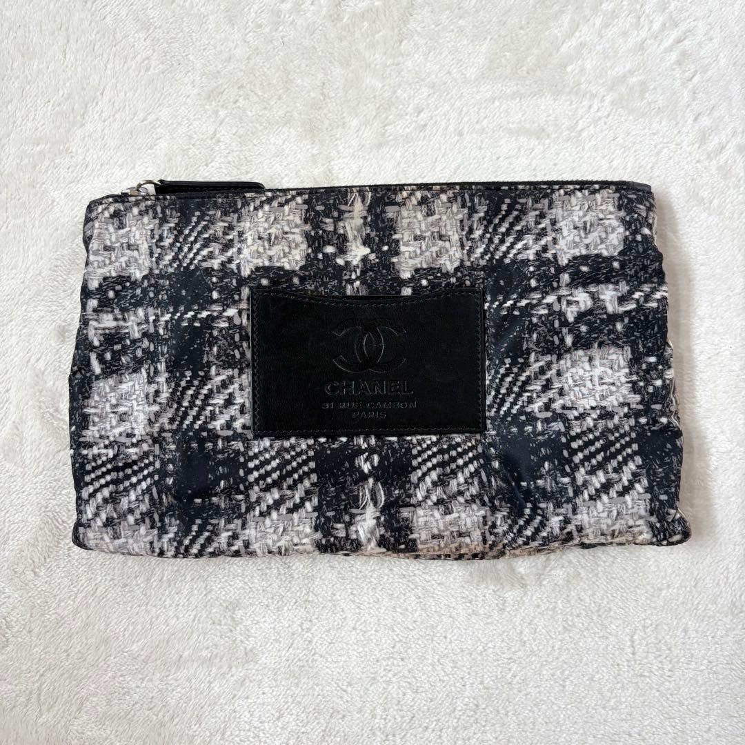 CHANEL ツイードプリント ナイロン Wチェーン ショルダーバッグ ポーチ
