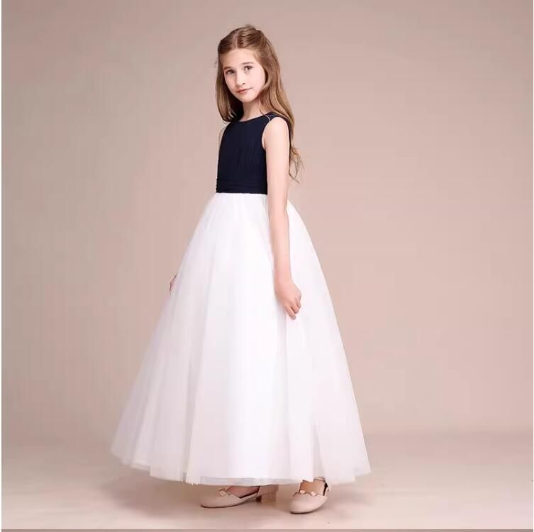 子供ドレス 発表会 ロングドレス ピアノ発表会 ジュニア ドレス フォーマルドレス 女の子 演奏会 結婚式 ネイビー×ホワイト キッズ フォーマル ドレス コンクール コンサート 130 140 150 160 xzdsakr