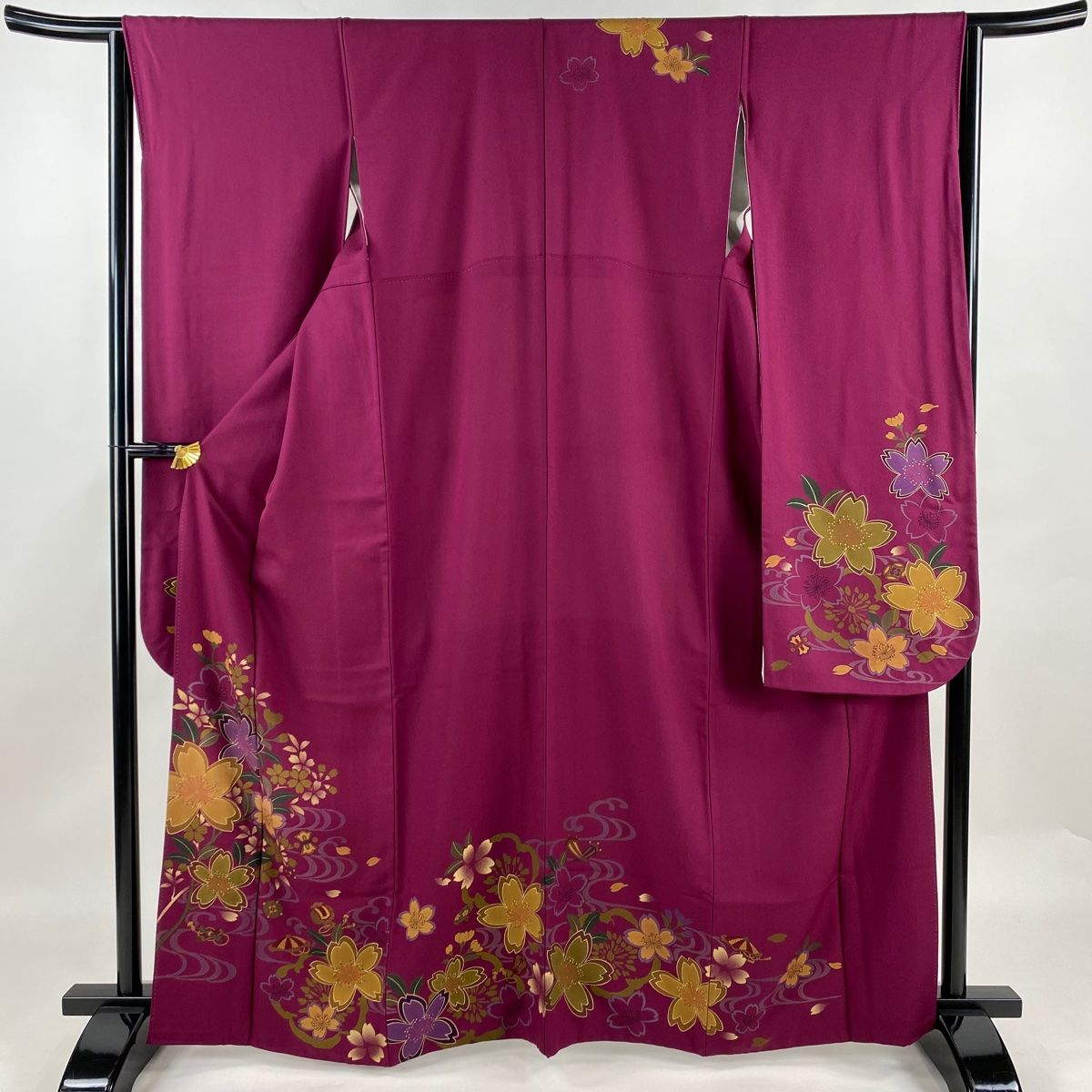 振袖 身丈164.5cm 裄丈64cm M 袷 桜 宝尽くし 赤紫 正絹 秀品