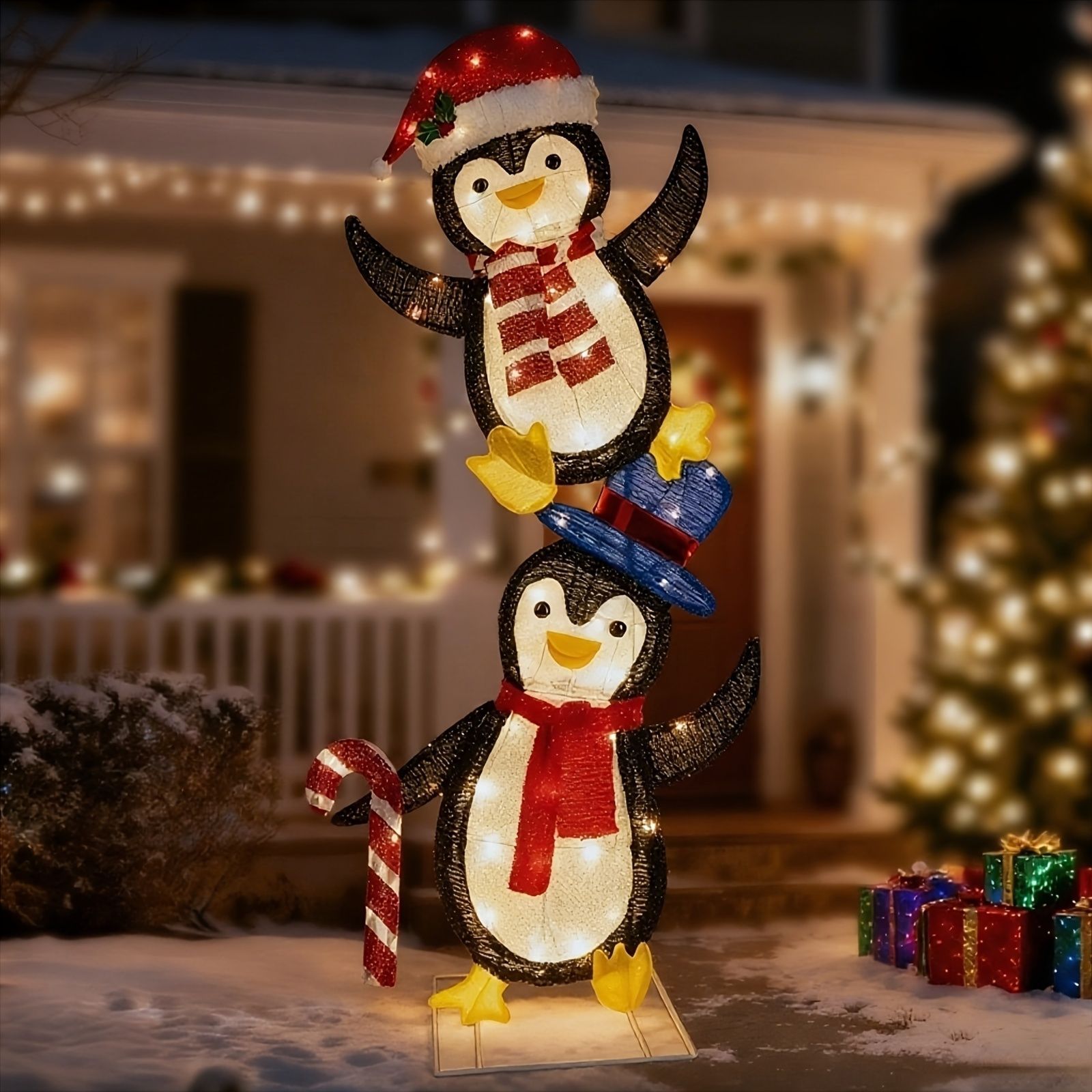 クリスマス LEDライト ガーデンライト ガーデンオーナメント 2個セット 帽子を被っている2羽のペンギン ぺんぎん 庭オブジェ 癒しグッズ ガーデニング お庭 玄関ライト 園芸装飾 インテリア オシャレ ギフト プレゼント 贈り物 庭装飾 電池式 NEXPOTALLINN_EU