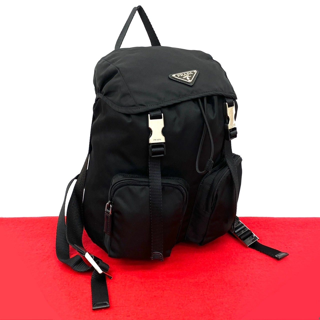 極 美品 PRADA プラダ 三角ロゴ プレート 金具 ナイロン レザー 本革