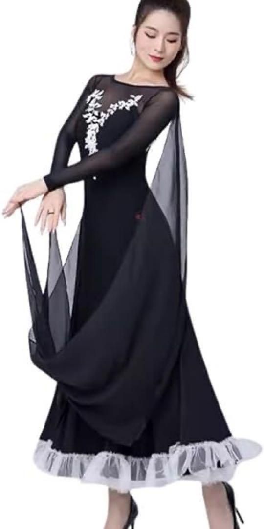 上品 社交ダンスドレス 刺繍花柄 フロント付き袖 モダンダンス衣装ダンスドレス 上品 社交ダンスドレス 刺繍花柄 フロント付き袖 モダンダンス衣装