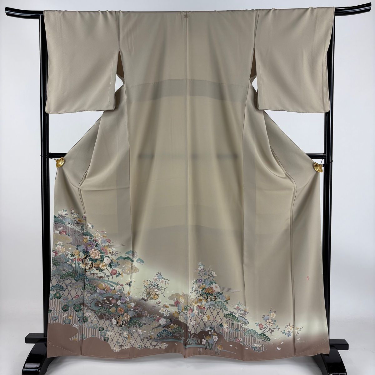 色留袖 身丈165.5cm 裄丈67cm M 袷 落款 花車 鴛鴦 金糸 金銀彩