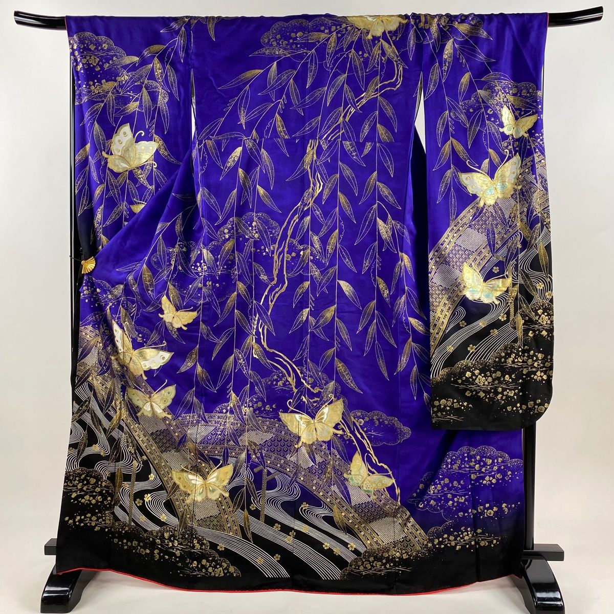 バイセル 名品 振袖 灰紫 祇園祭 山鉾 枝垂桜 金彩 ラメ 鶴 正絹 袷（10月～5月）167cm Mサイズ ☆☆☆☆ 振袖 身丈168.5cm 裄丈68cm L 袷 蝶 橋 金銀彩 染め分け 紫 正絹